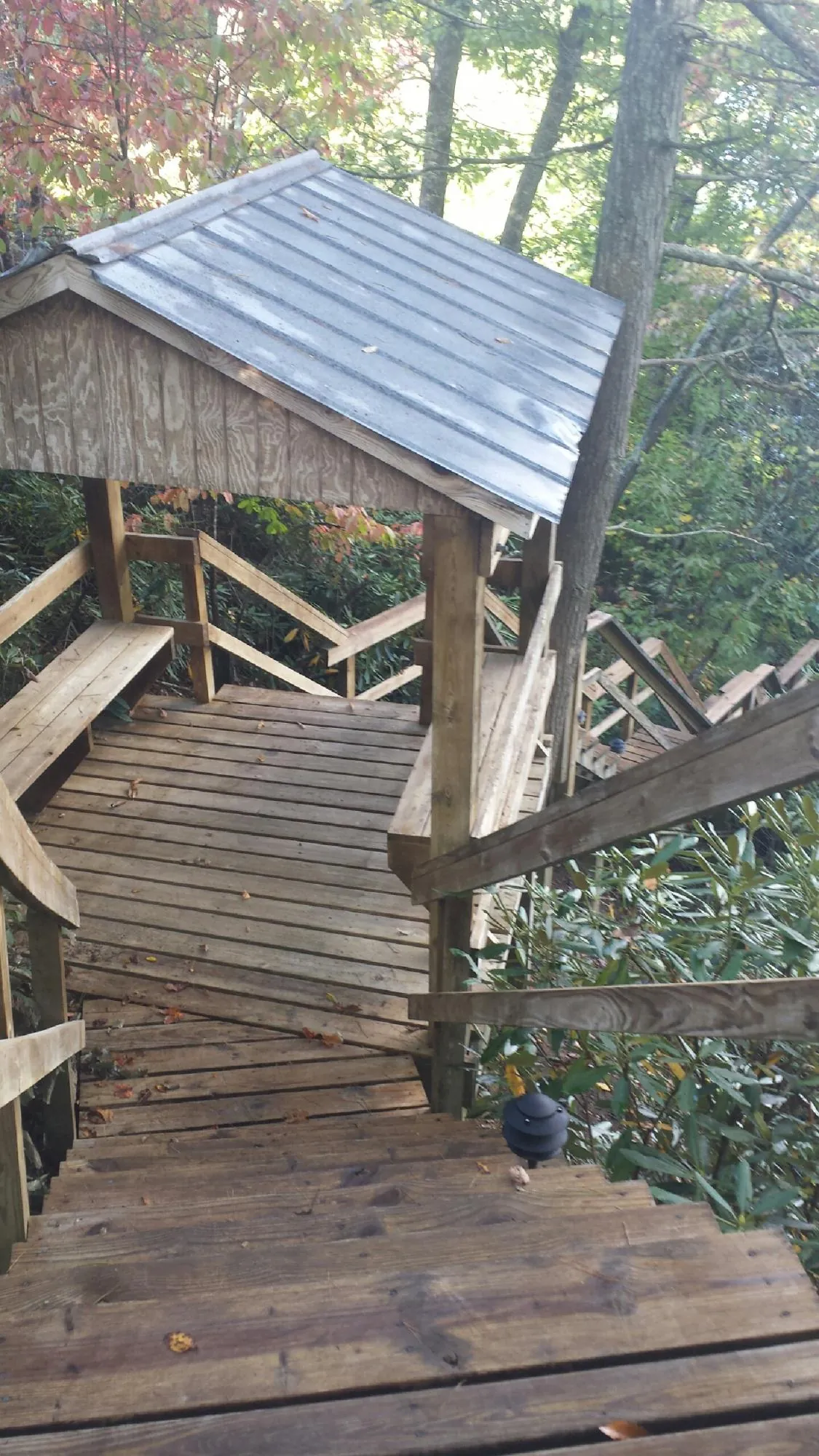 Metal roofed shelter over wooden steps on a wooded walkway — Skylight Repair & Installation work by our crew in Valencia
